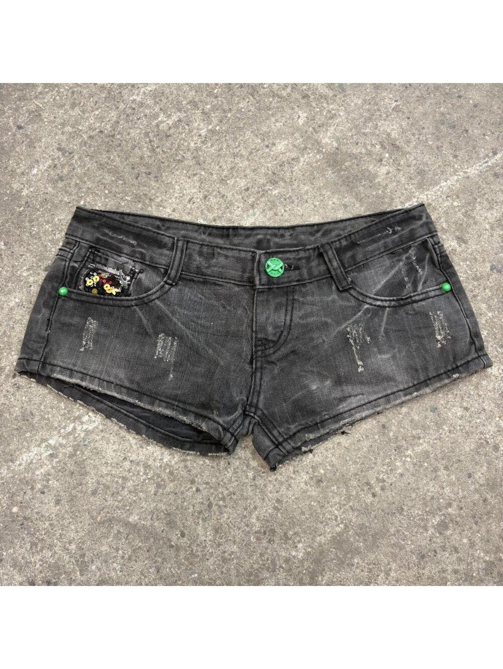 Vintage Y2K Low Rise Denim Micro Shorts Grey Sequin Detail